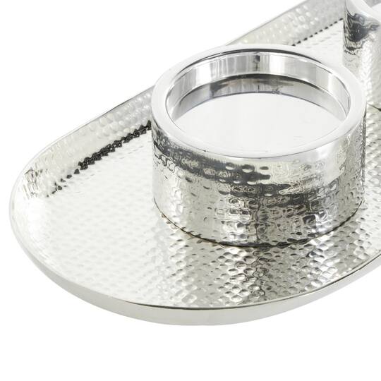 16" Silver Stainless Steel Metal Hammered Candle Holder with Oval Tray Plate